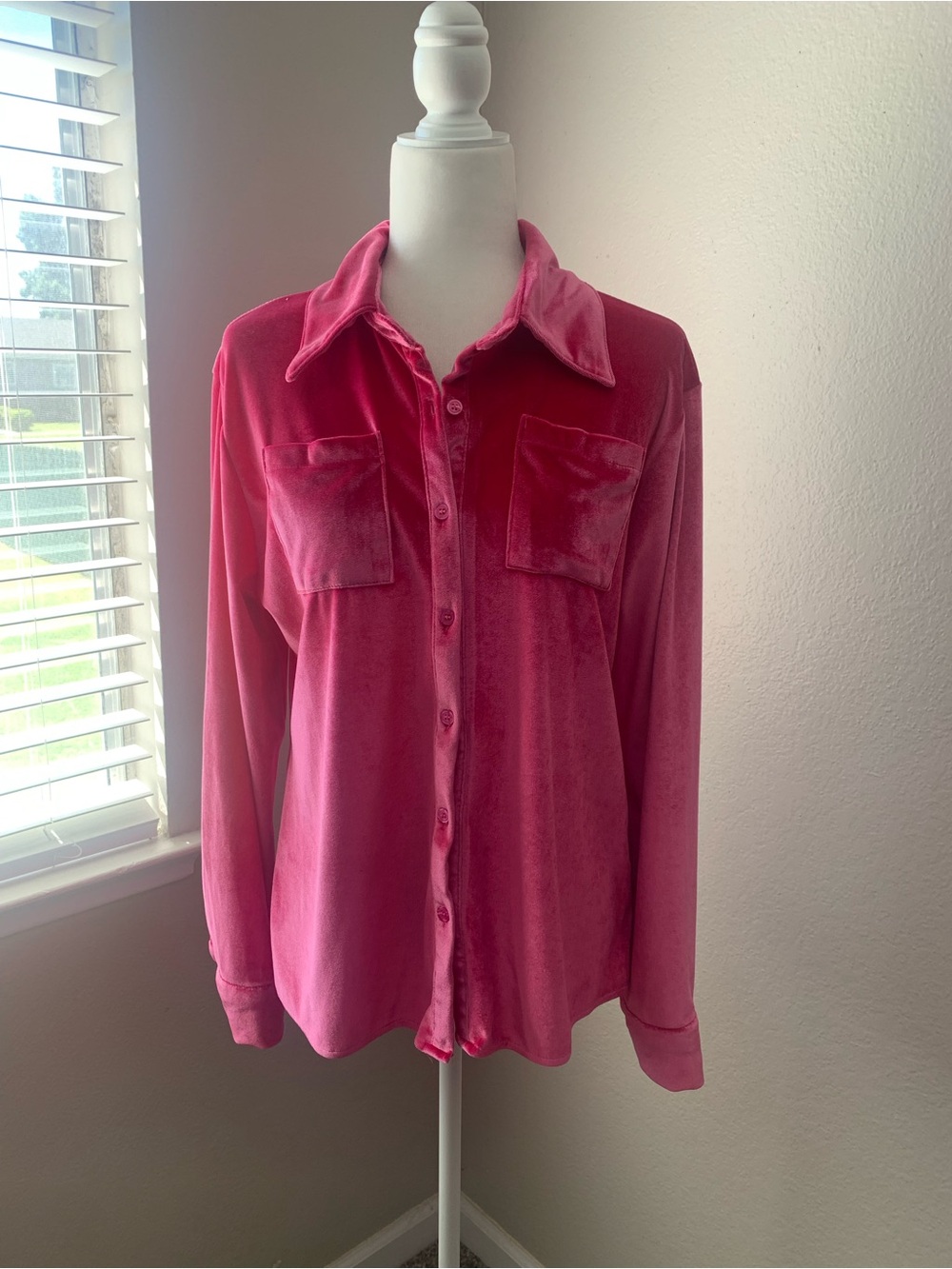 Pink Velvet Button-Up Blouse